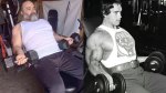 Roger Lockridge performs a downward bicep curl next to a vintage photograph of Arnold during week four of the Arnold Challenge