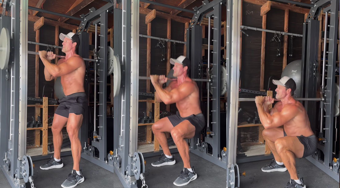 John Prather demonstrating how to do the sideways smith machine squat