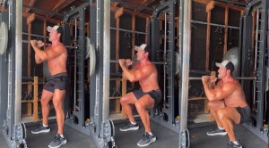 John Prather demonstrating how to do the sideways smith machine squat exercise