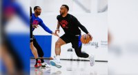 LA Clippers basketball player Norman Powell driving to the basketball for a layup