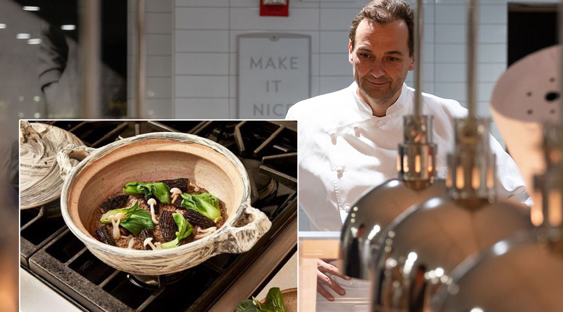 Michelin Chef Daniel Humm looking over the creation of Morel Mushroom and Seaweed Baked Rice