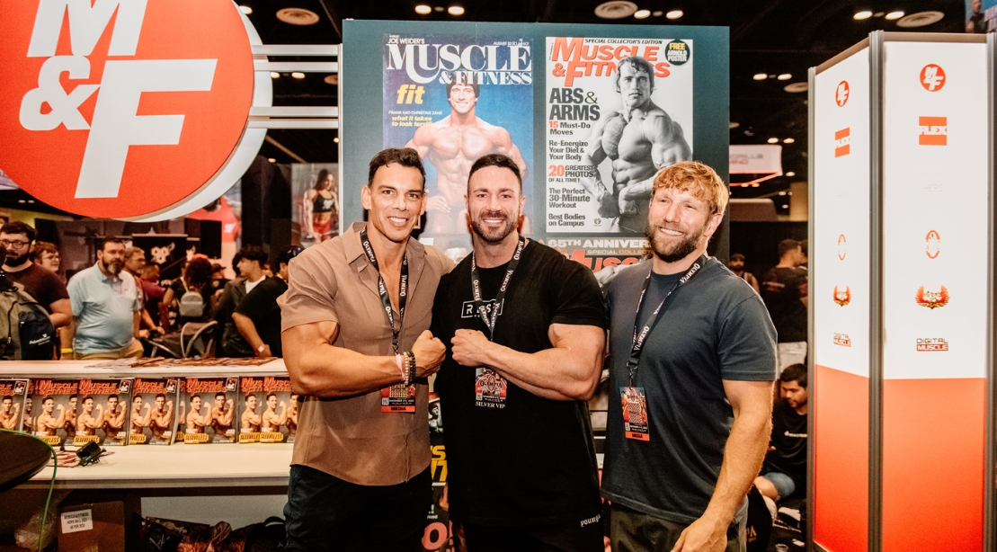 Frank Sepe Noel Deyzel and Muscle & Fitness Chief Content Officer Zack Zeigler at the Muscle and Fitness Booth at the 2023 Olympia World Fitness Expo