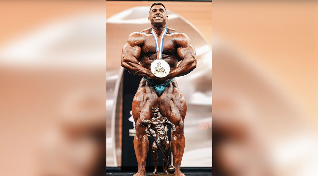 Derek Lunsford wearing the Olympia Medal after winning the 2023 Mr. Olympia Title