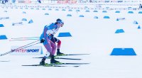 Professional cross country skiiers competing in a cross country ski competition