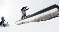 Olympic snowboarder Marcus Kleveland performing a rail trick