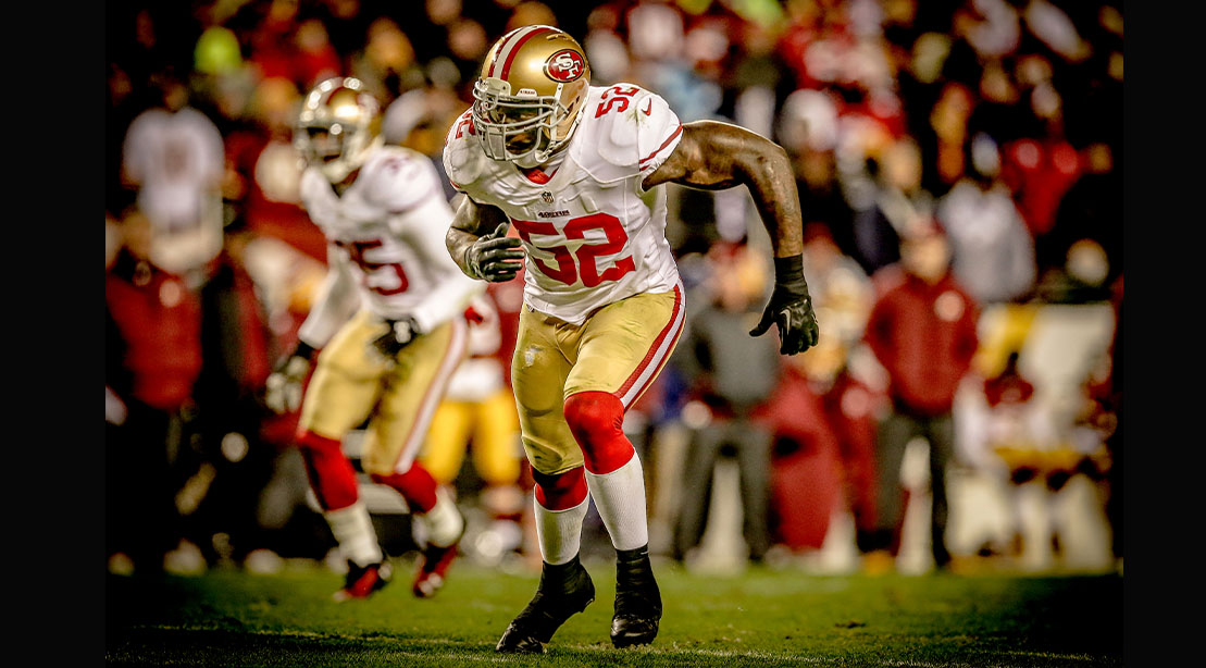 Former NFL football player for the 49ers Patrick Willis ready for the snap